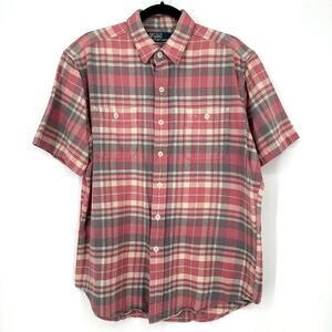 90s Vintage Polo Ralph Lauren Shirt Mens Large Pink Plaid Button Pockets Cotton